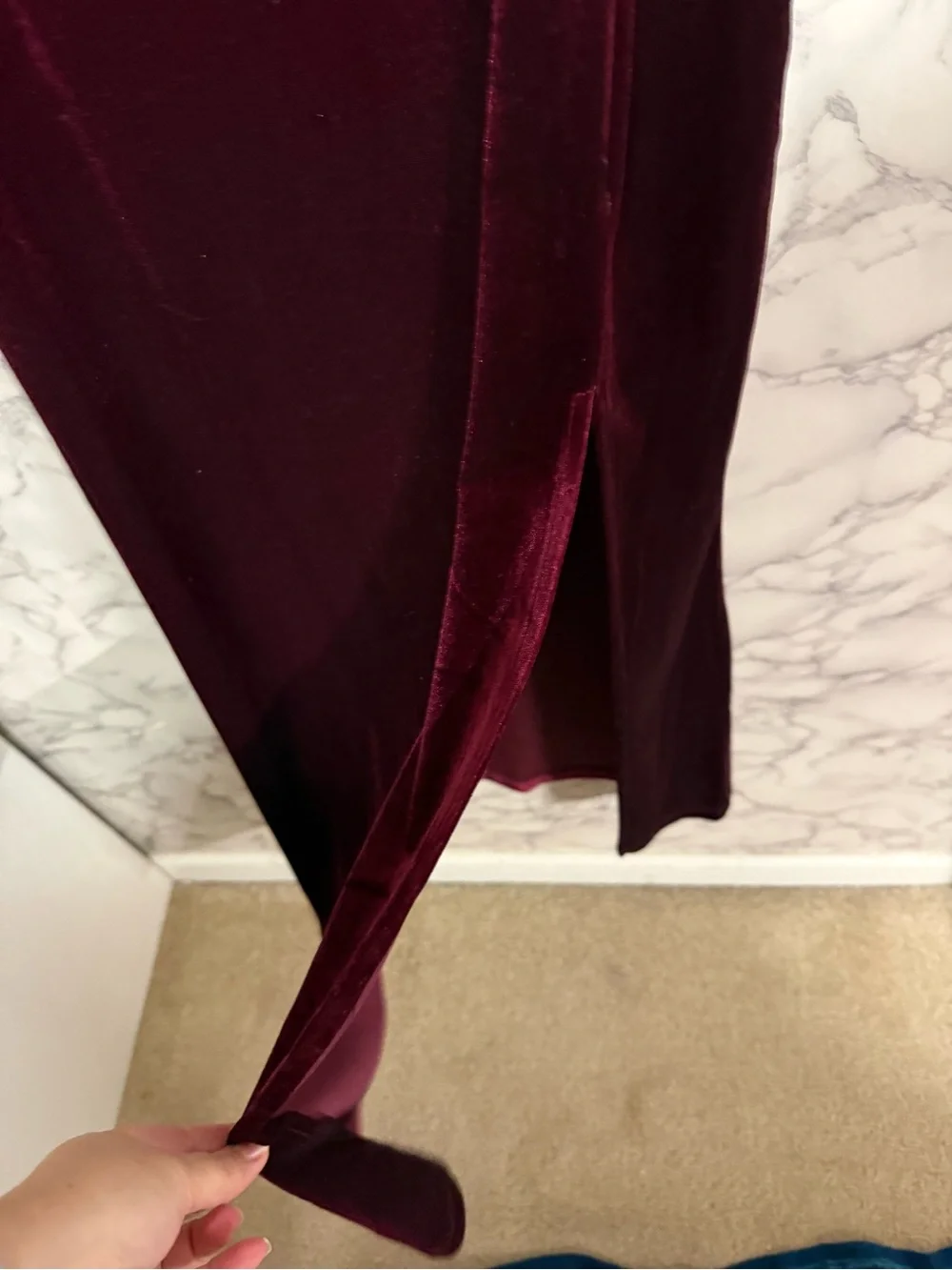 NEW Petal & Pup Sarine Burgundy Red Velvet Maxi Dress with Side Cutout S